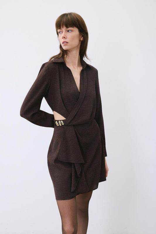 Anthracite Mini Wrap Dress with Gold Belt Detail