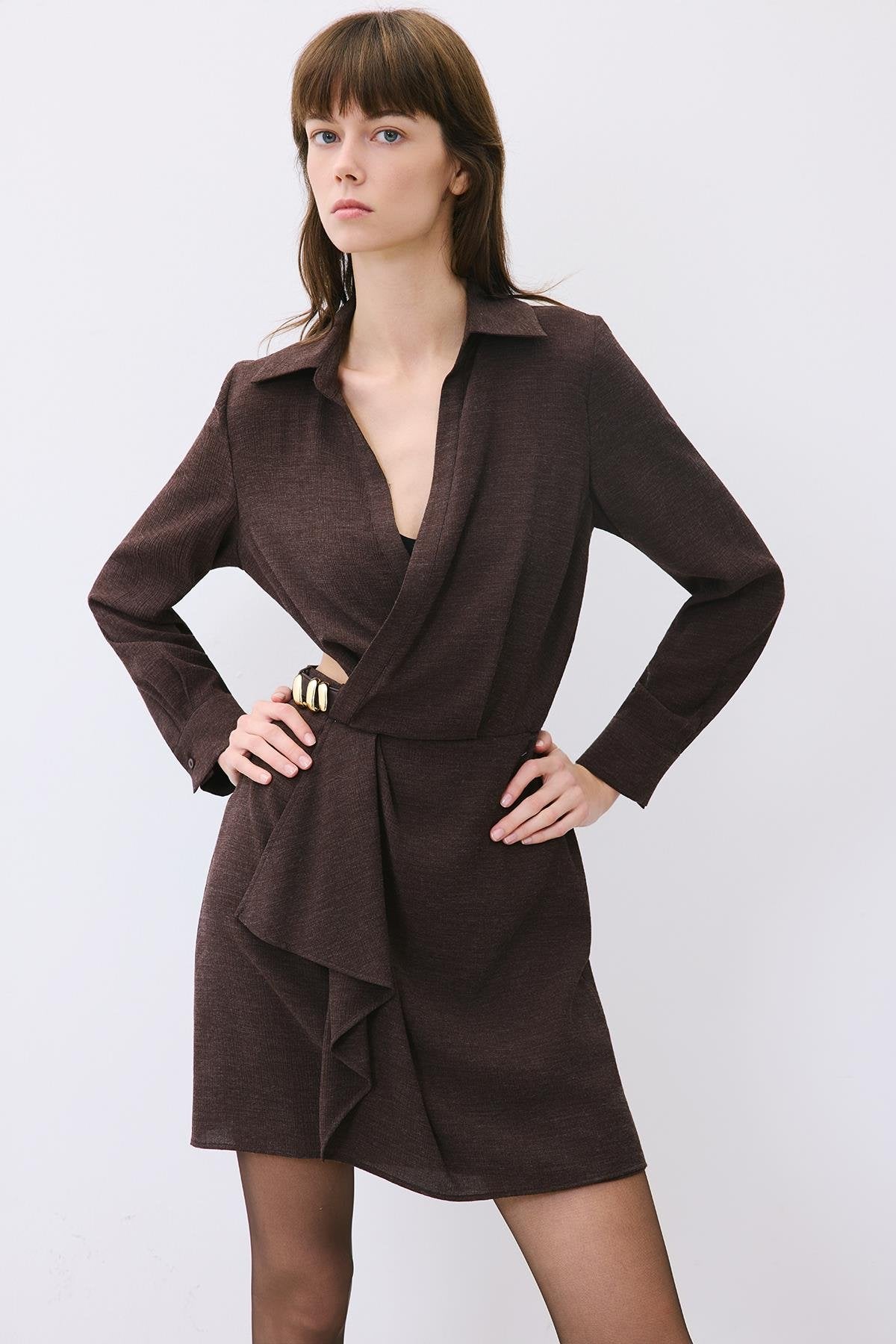 Anthracite Mini Wrap Dress with Gold Belt Detail