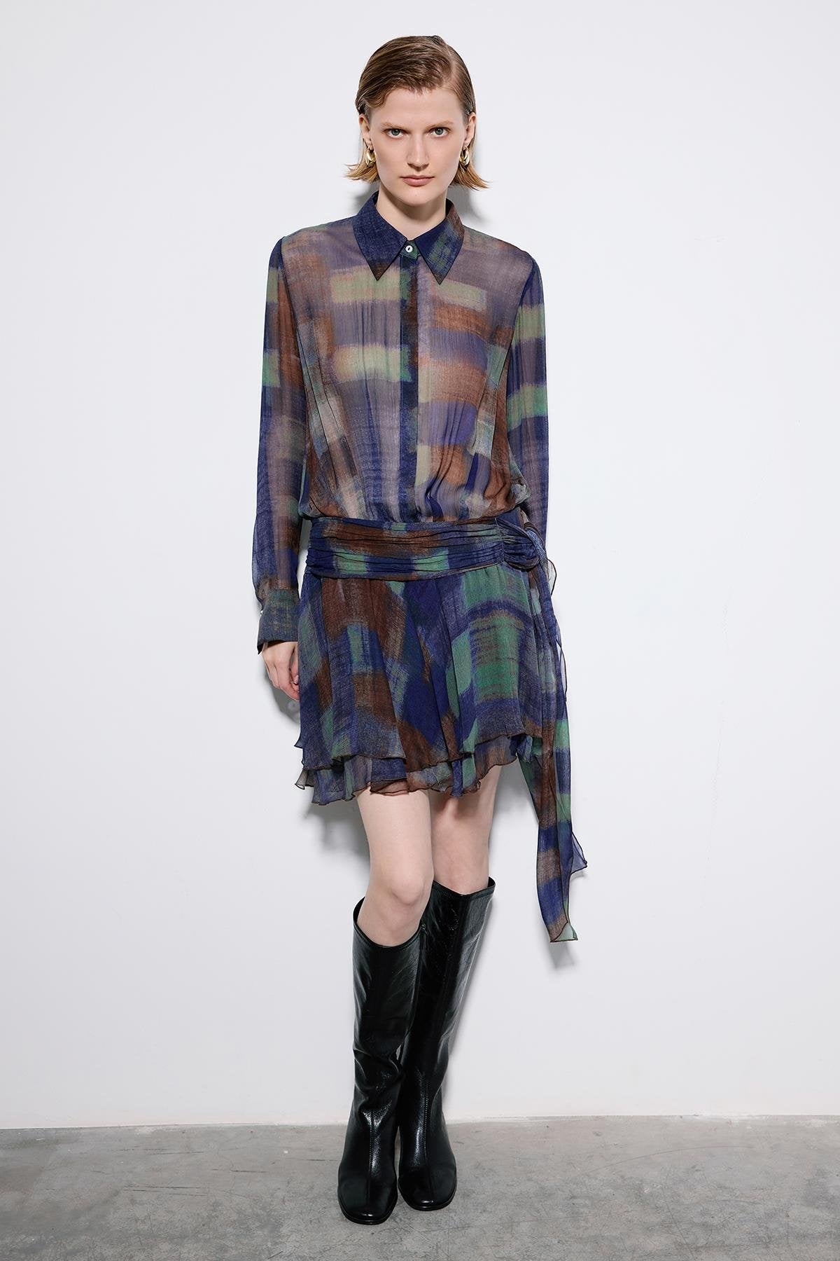 Multicolor Printed Mini Dress With Ruched Waist