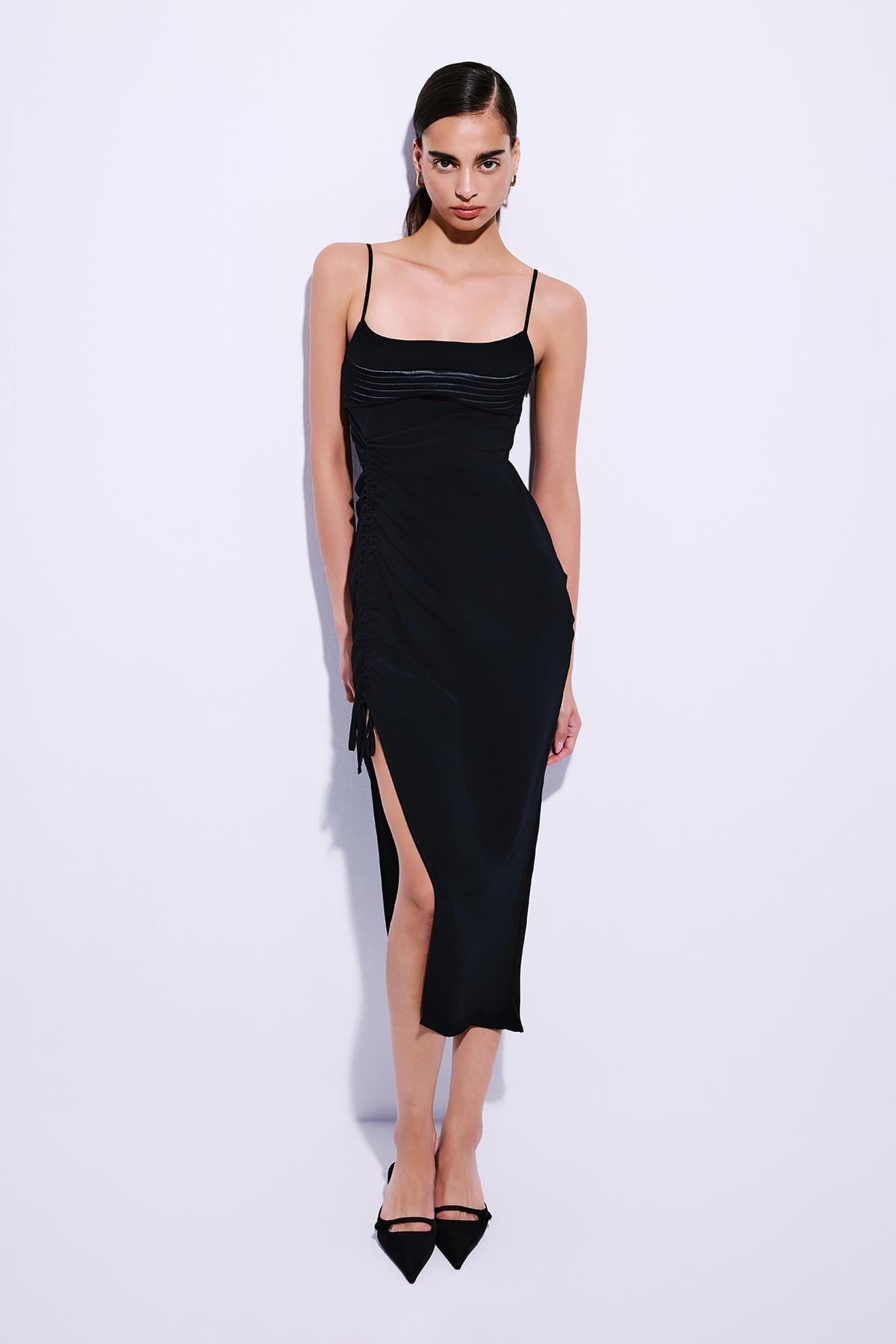 Side Ruched Strappy Cream Midi Dress