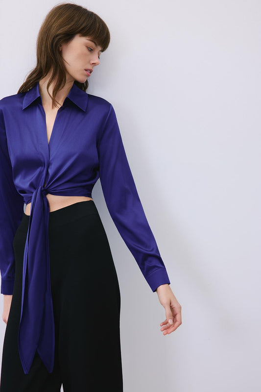Silk Tie-Front Crop Shirt Blouse