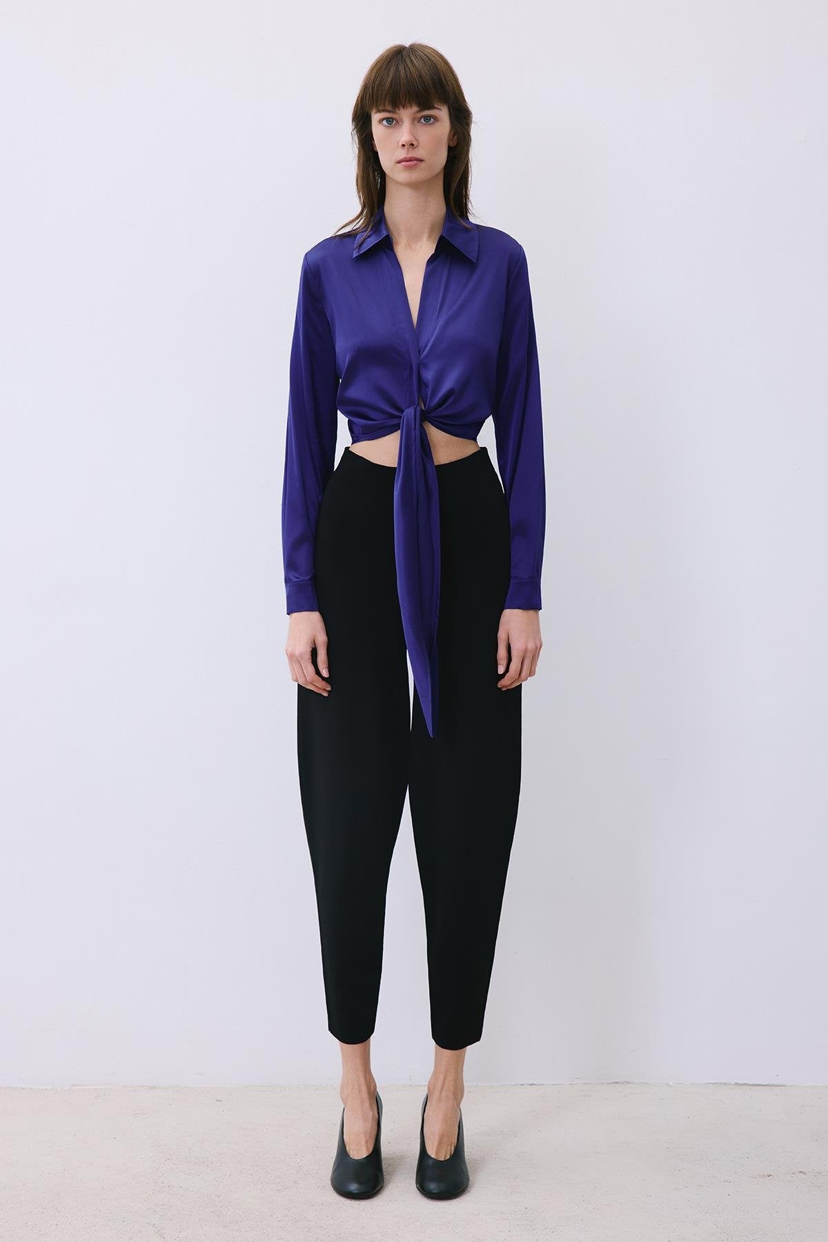 Silk Tie-Front Crop Shirt Blouse