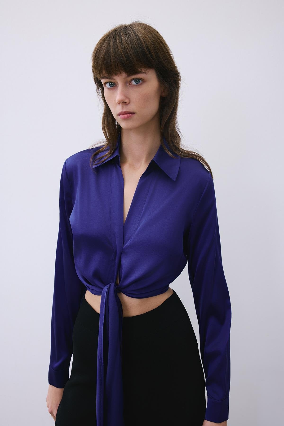 Silk Tie-Front Crop Shirt Blouse