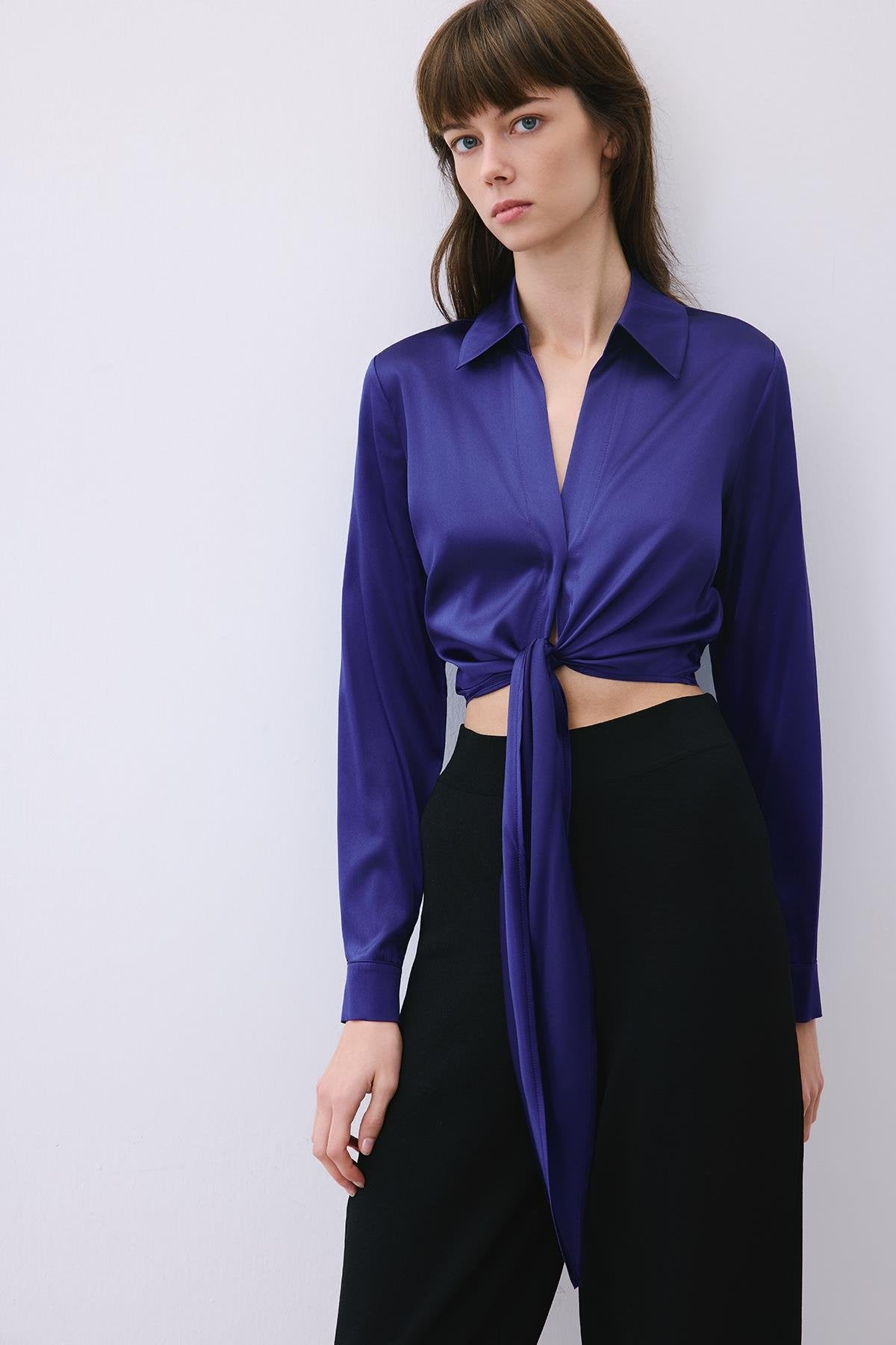 Silk Tie-Front Crop Shirt Blouse