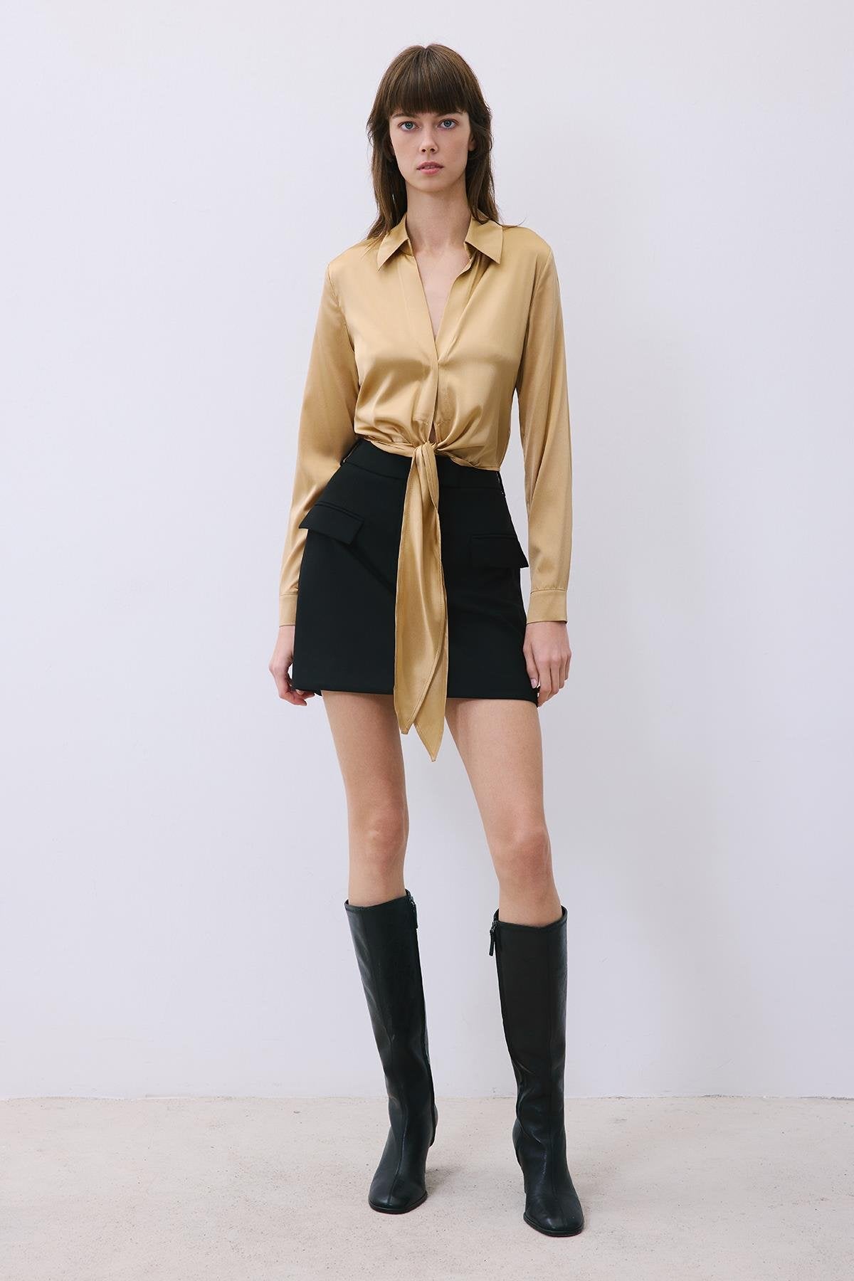 Silk Tie-Front Crop Shirt Blouse