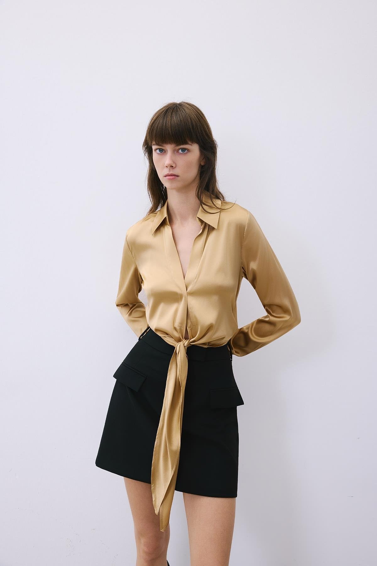 Silk Tie-Front Crop Shirt Blouse