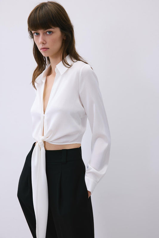 Silk Tie-Front Crop Shirt Blouse