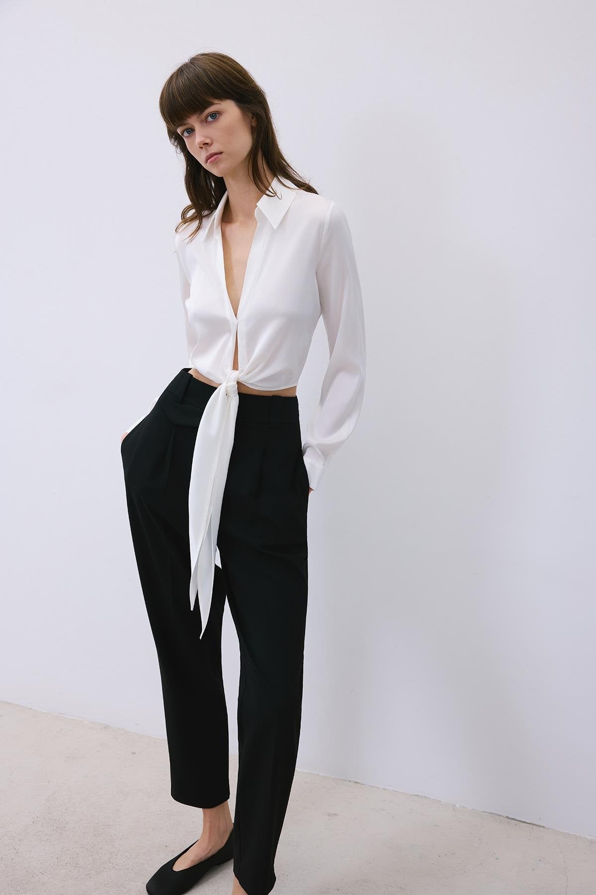 Silk Tie-Front Crop Shirt Blouse
