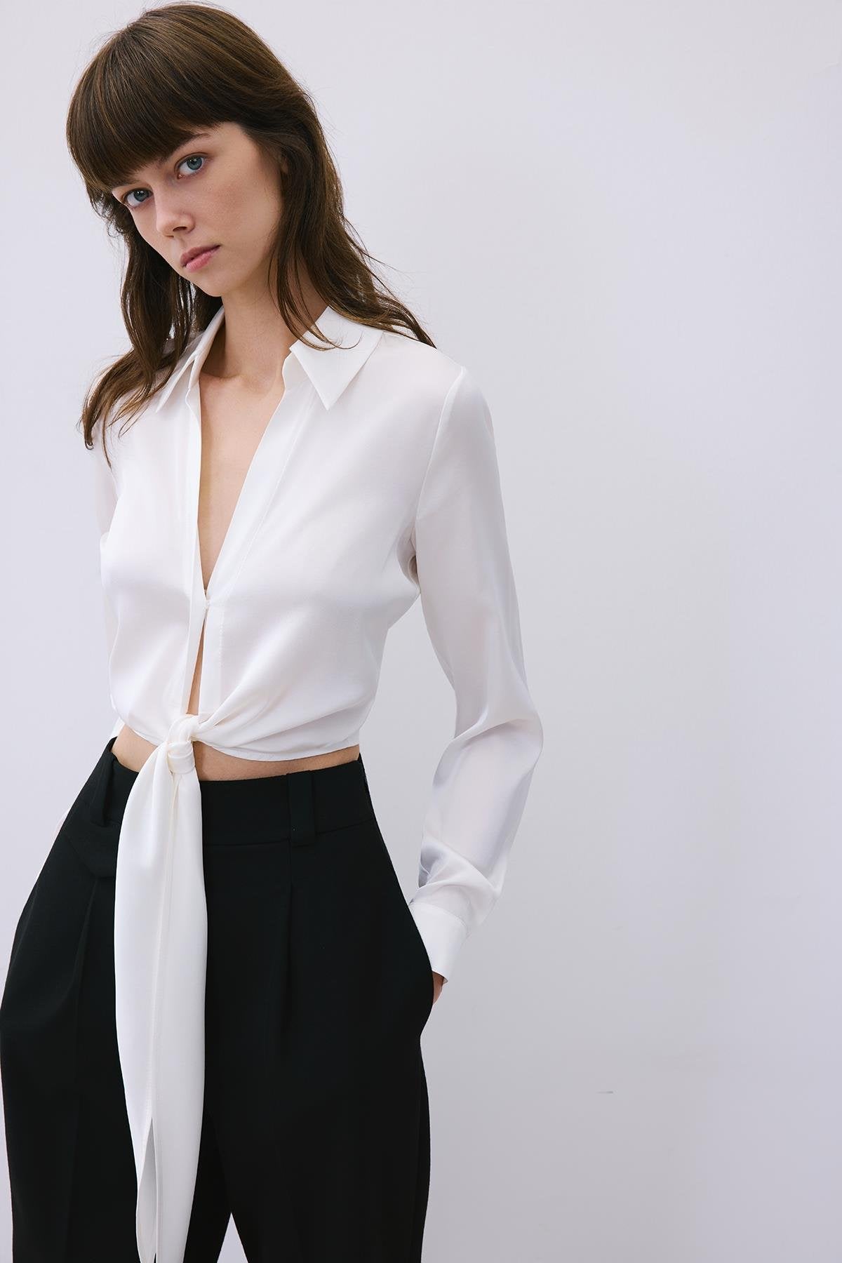 Silk Tie-Front Crop Shirt Blouse
