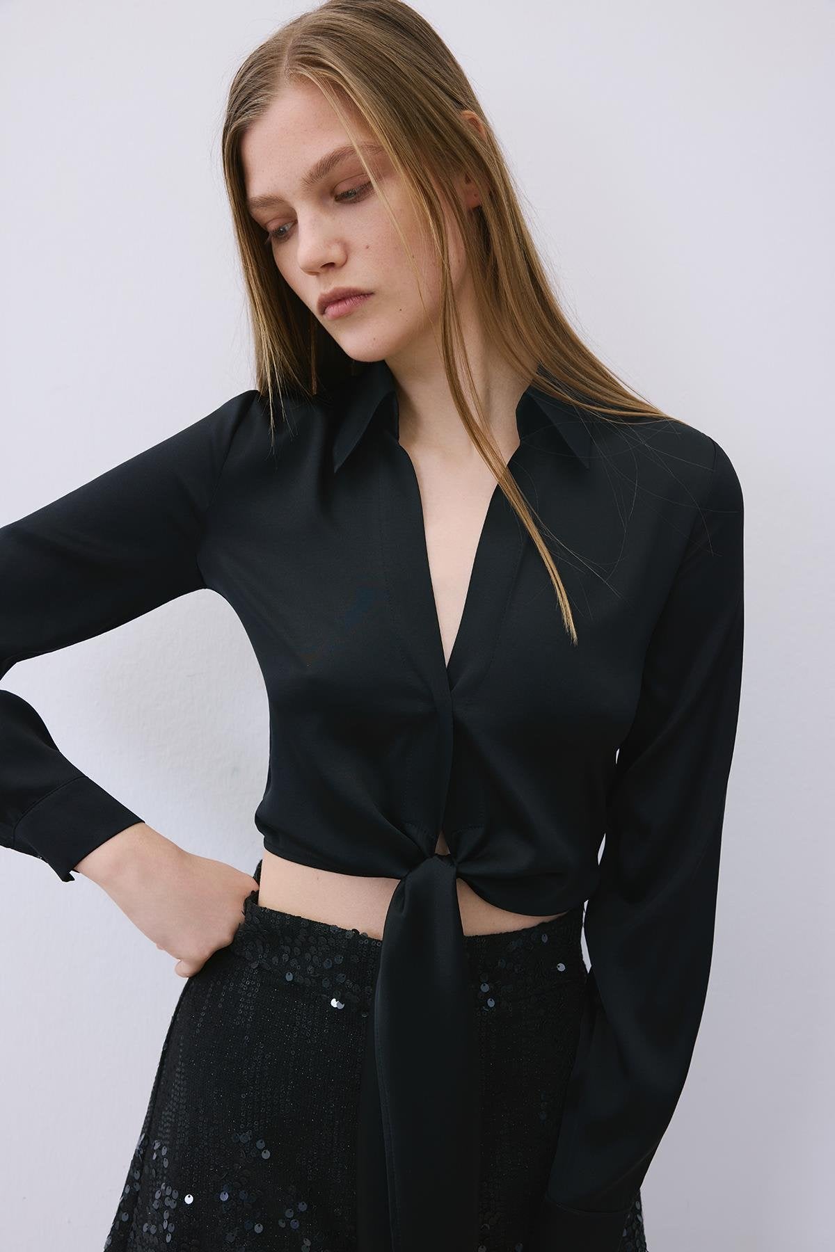 Silk Tie-Front Crop Shirt Blouse