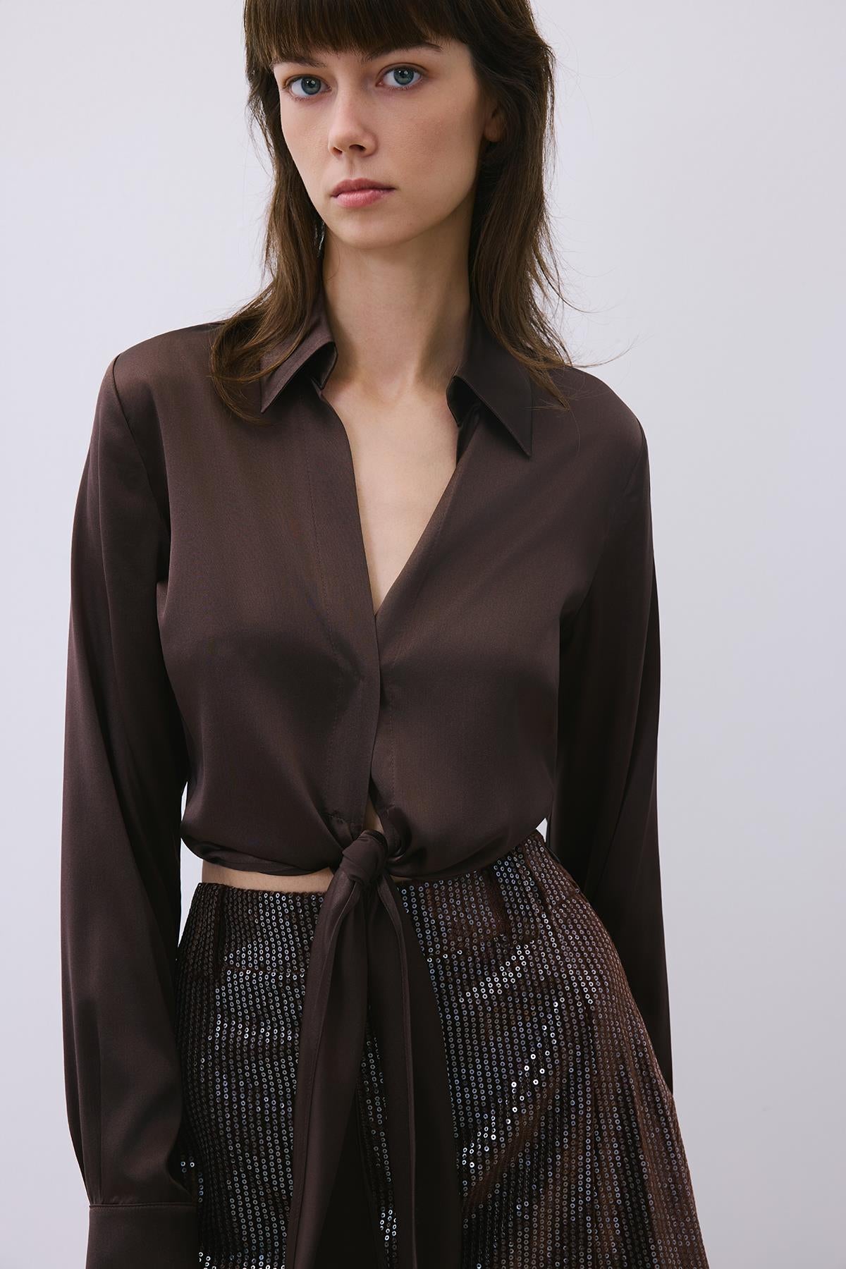 Silk Tie-Front Crop Shirt Blouse
