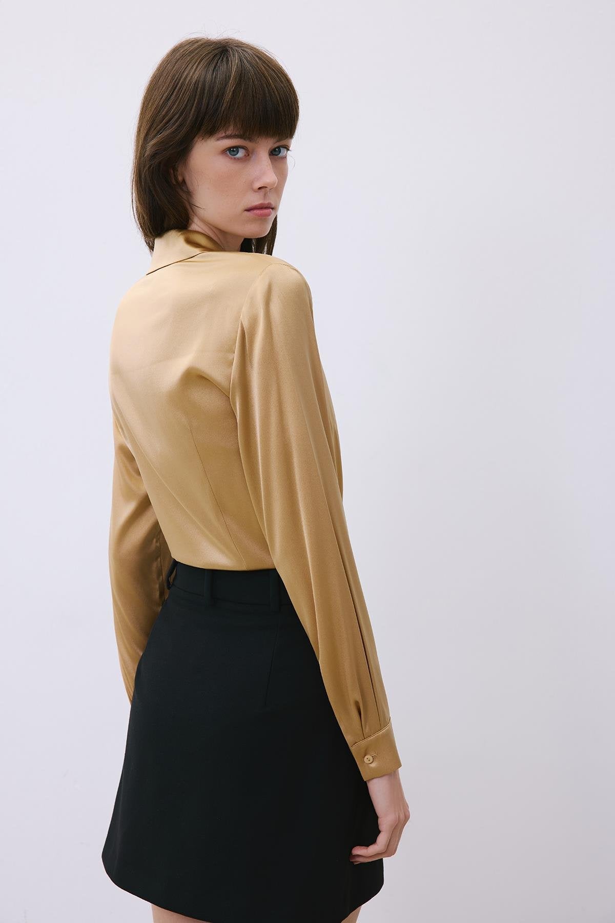 Gold Silk Tie-front Crop Shirt Blouse