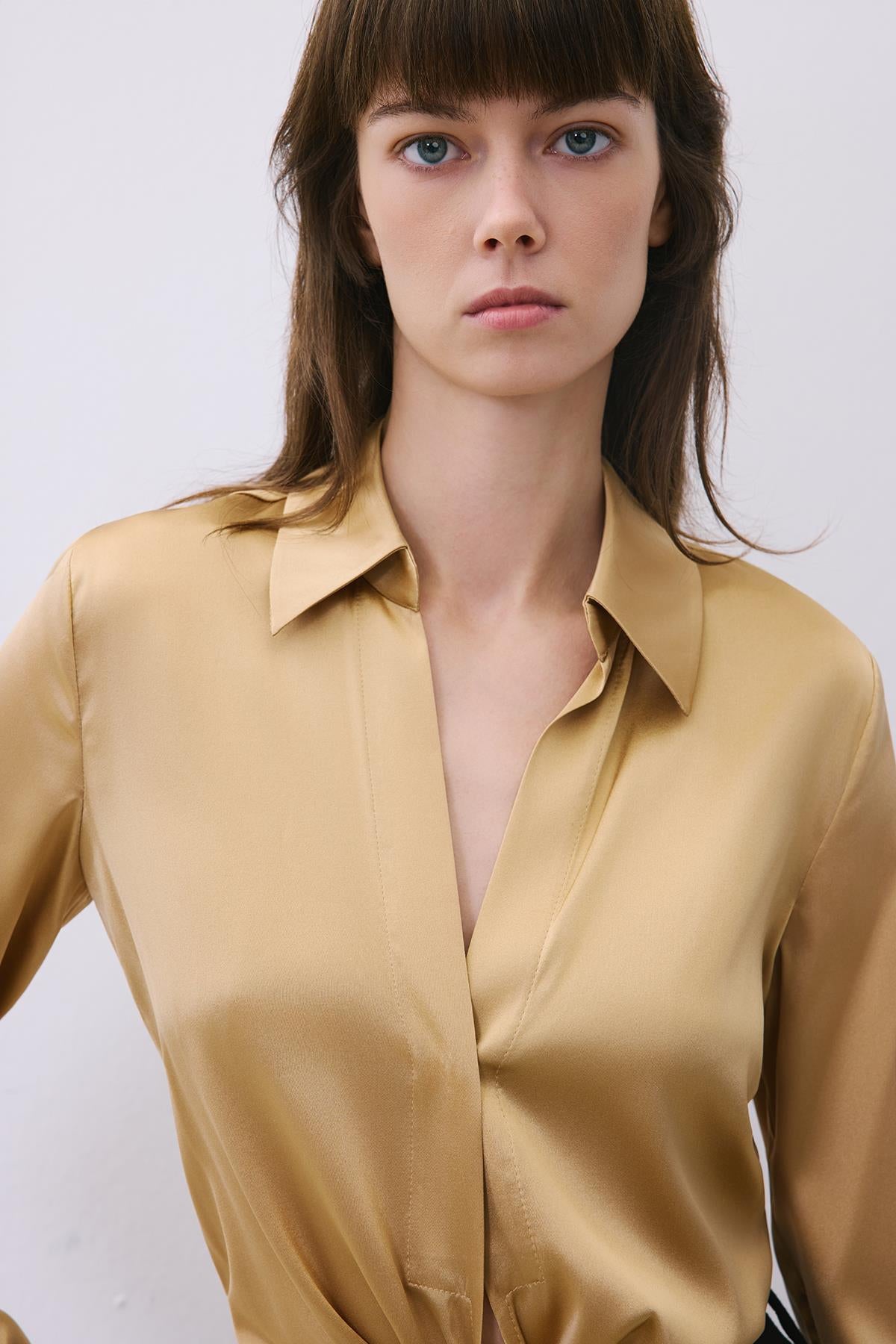 Gold Silk Tie-front Crop Shirt Blouse