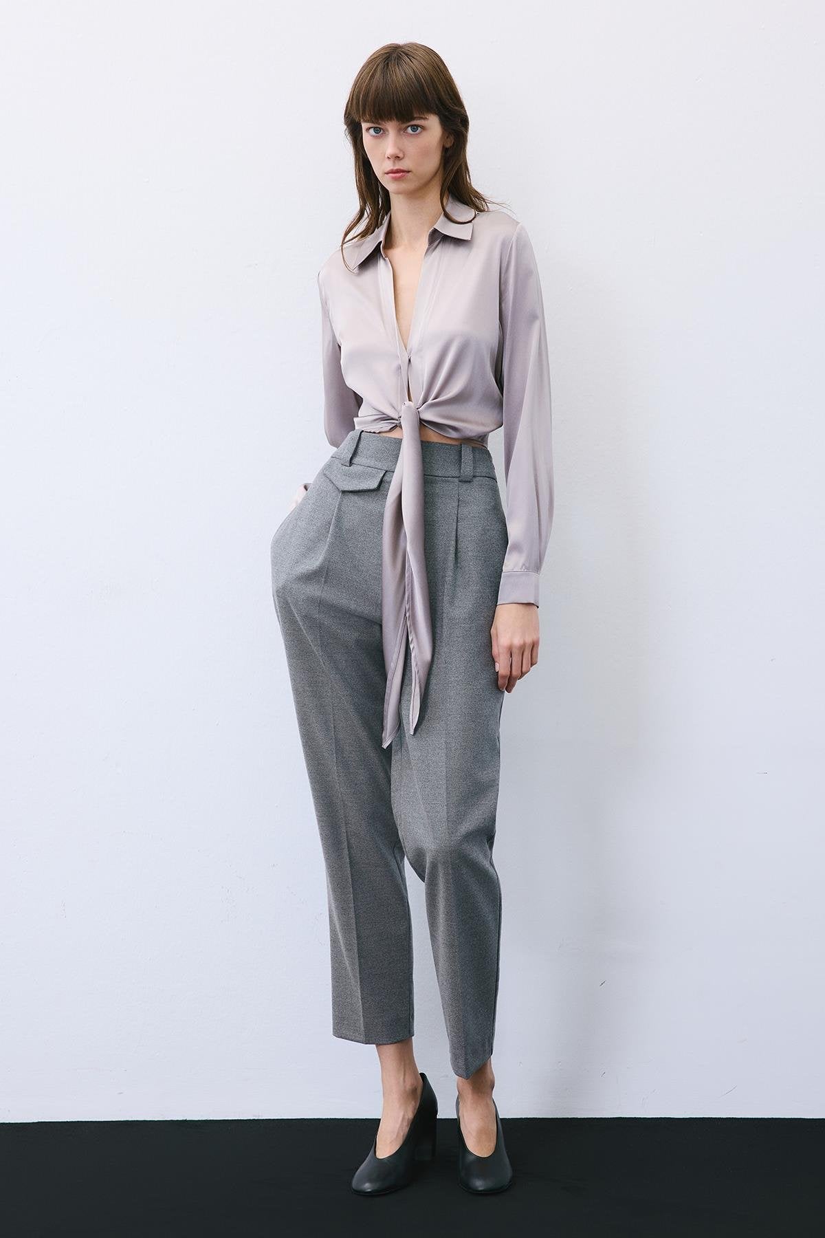 Silk Tie-Front Crop Shirt Blouse