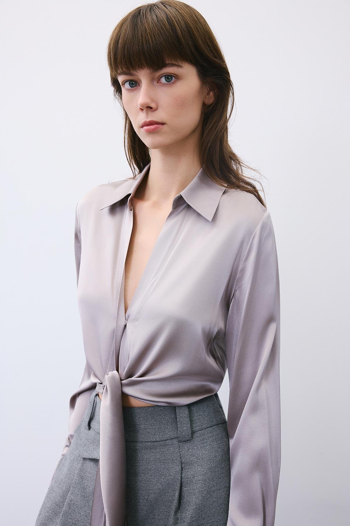 Silk Tie-Front Crop Shirt Blouse