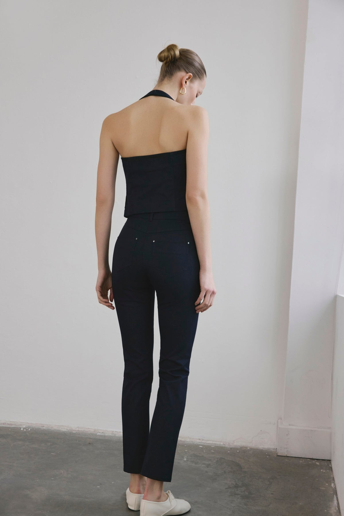 Navy Slim Leg Denim Textured Trousers