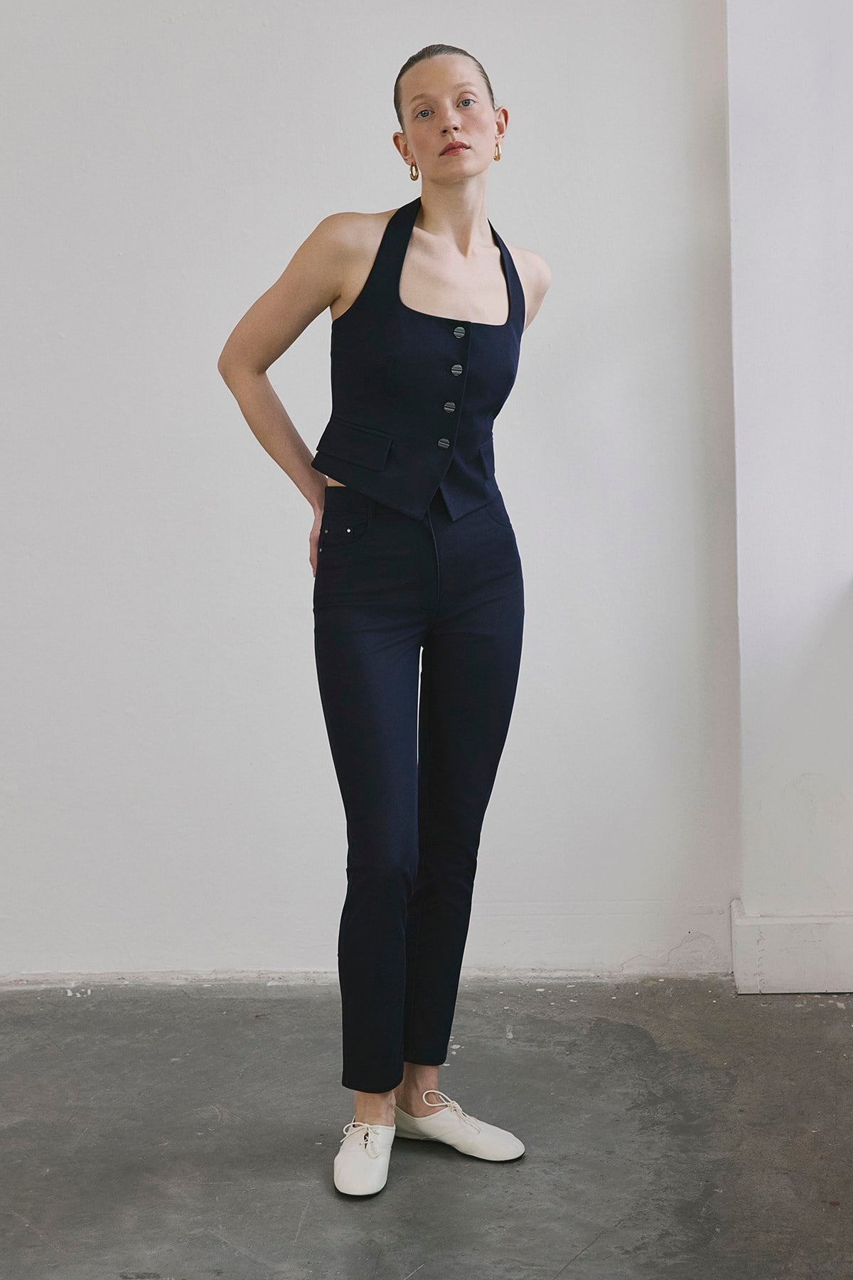 Navy Slim Leg Denim Textured Trousers