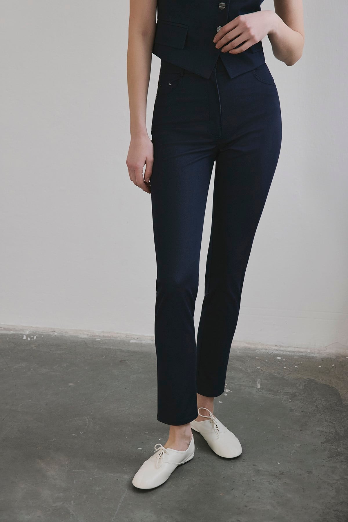 Navy Slim Leg Denim Textured Trousers