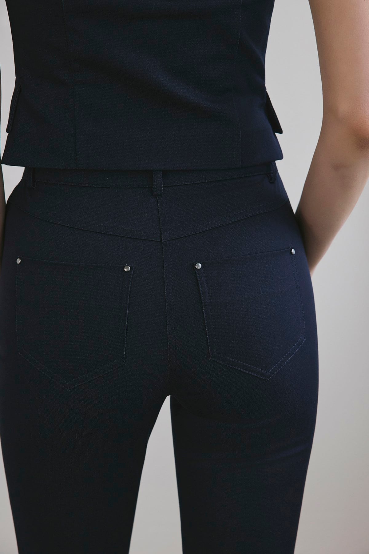 Navy Slim Leg Denim Textured Trousers