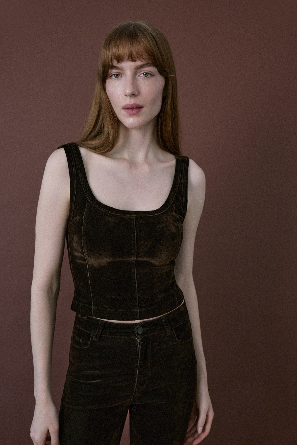 Square Neck Velvet Short Cut Burgundy Blouse