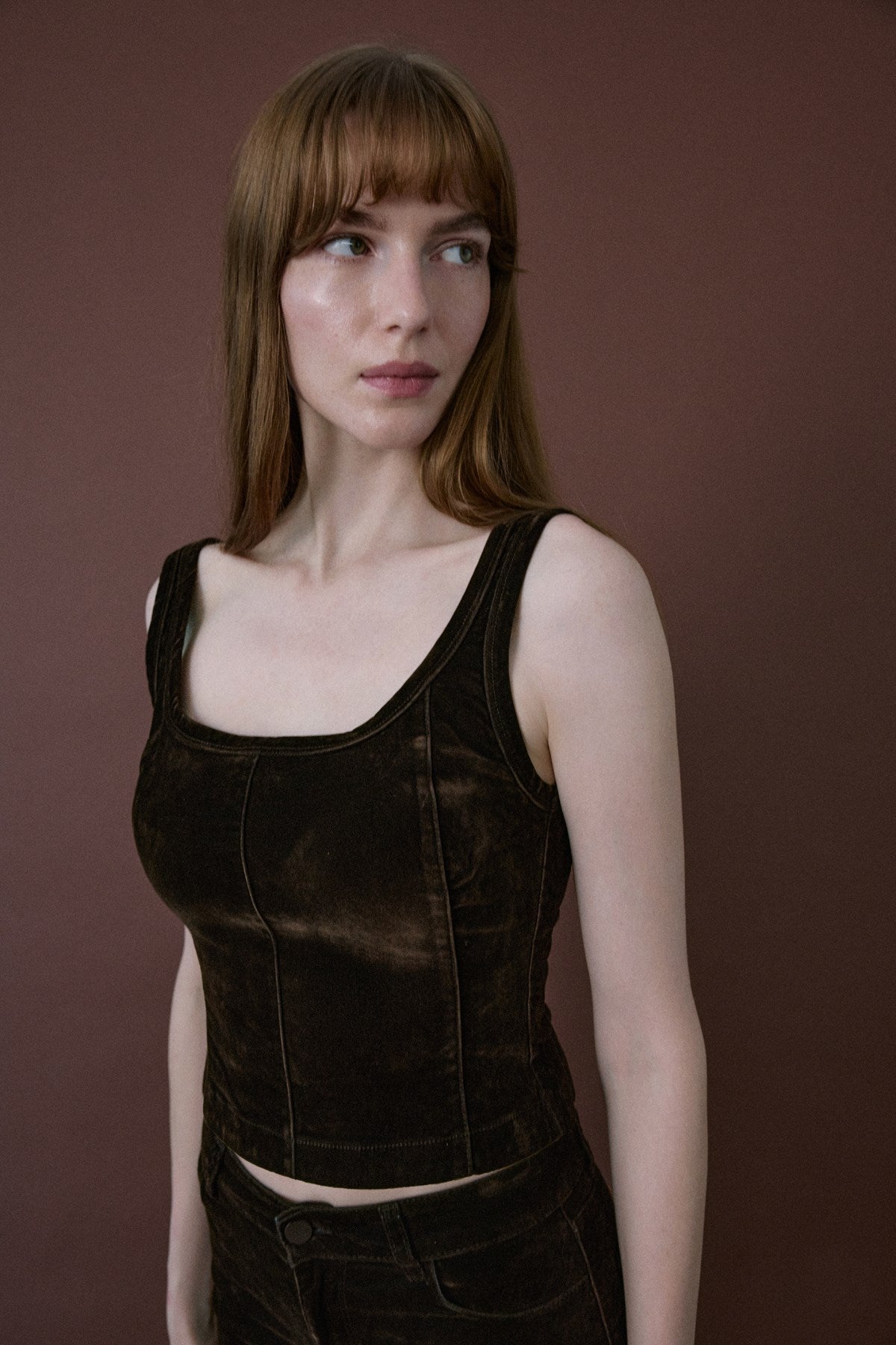 Square Neck Velvet Short Cut Burgundy Blouse