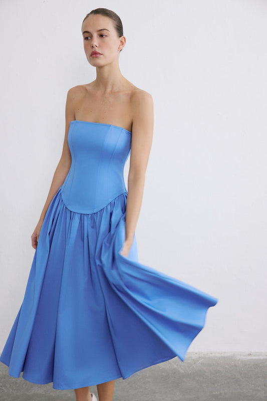 Strapless Boned Midi Poplin Dress