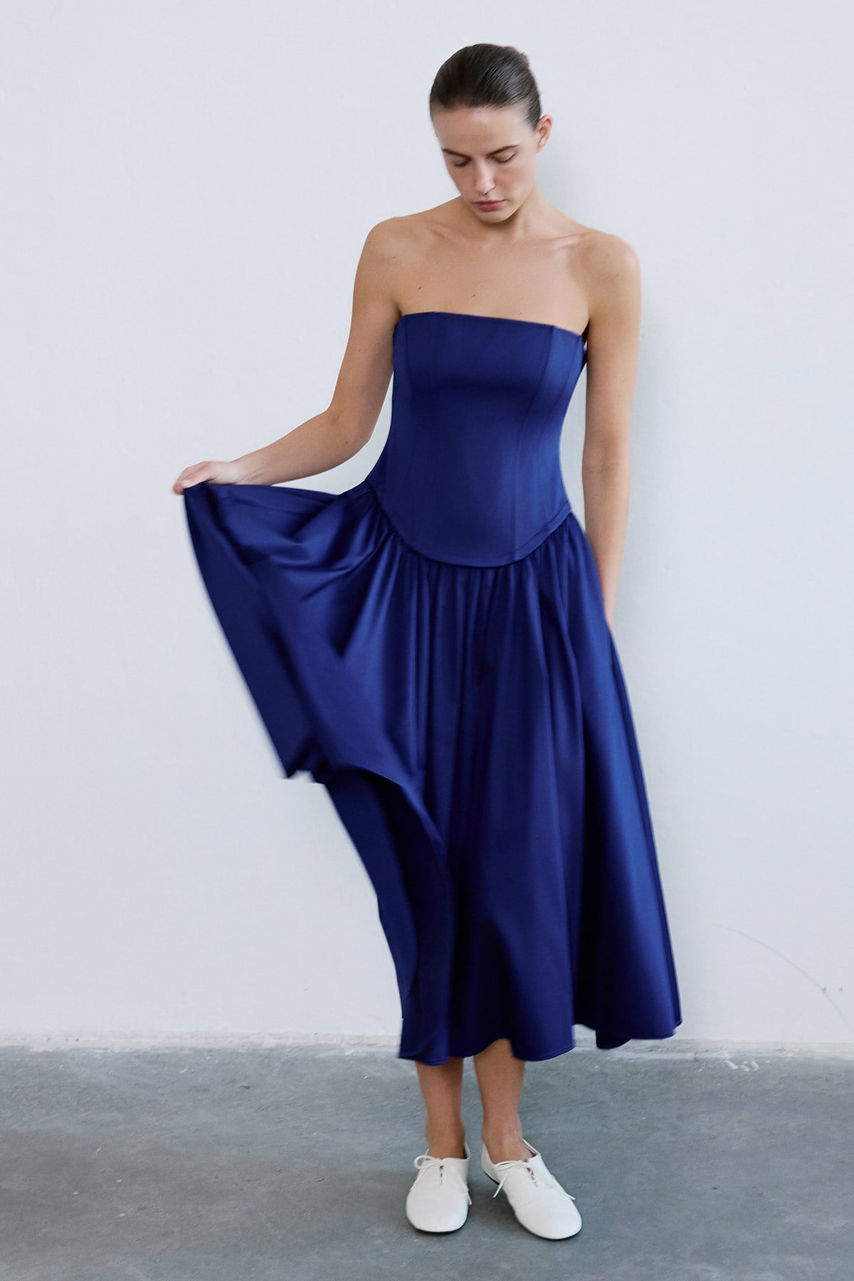 Strapless Boned Midi Poplin Dress