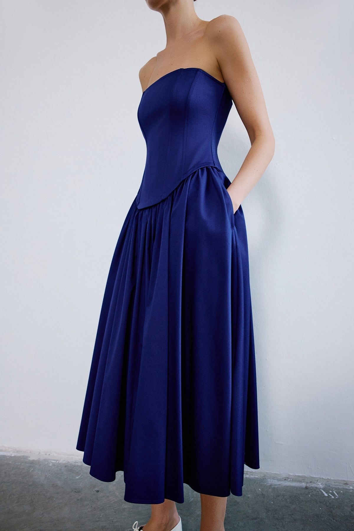 Strapless Boned Midi Poplin Dress