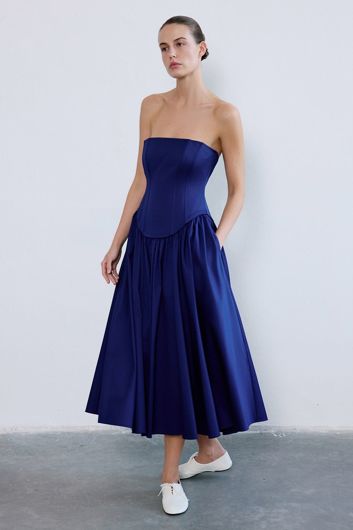 Strapless Boned Midi Poplin Dress