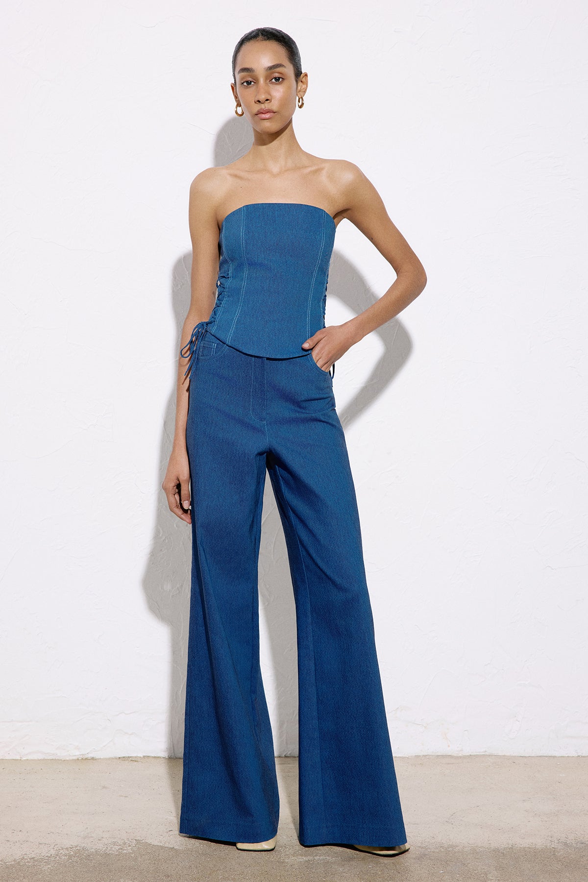 Strapless Denim Textured Crop Coral Bustier