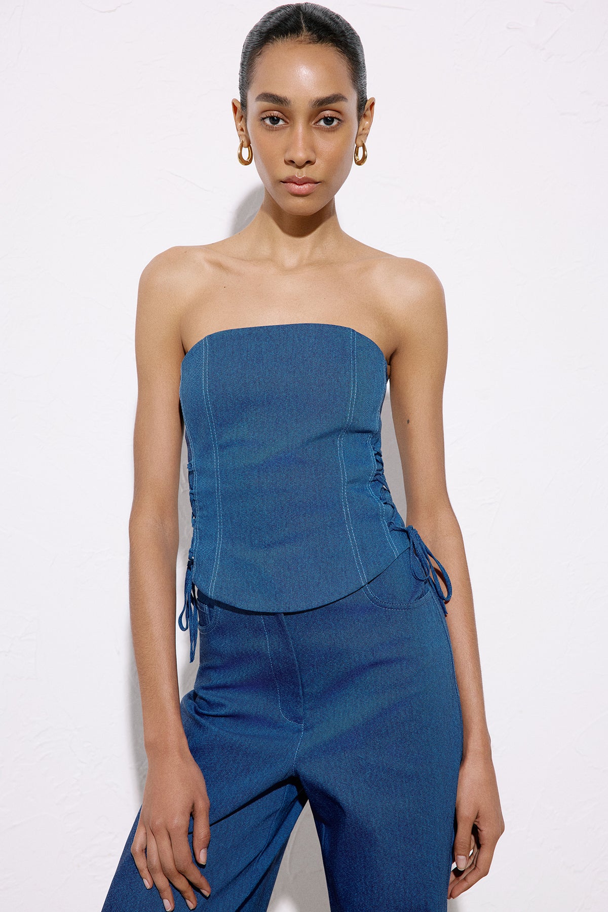 Strapless Denim Textured Crop Coral Bustier