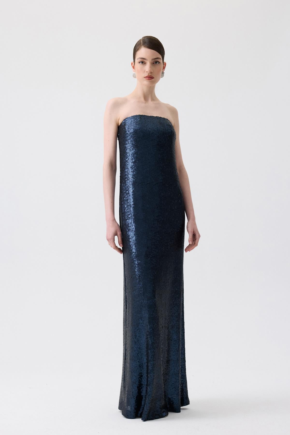 Strapless Long Orange Sequin Dress