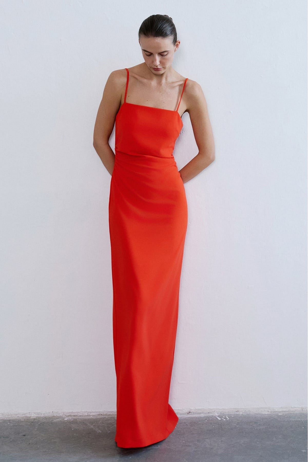 Strapless Slit Long Coral Dress