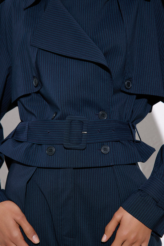 Striped Belt Detailed Blue Crop Trench Coat