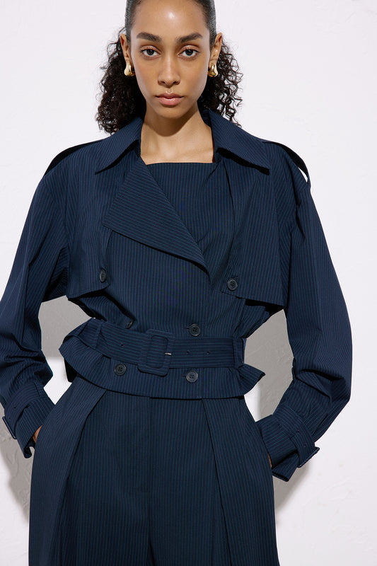 Striped Belt Detailed Blue Crop Trench Coat