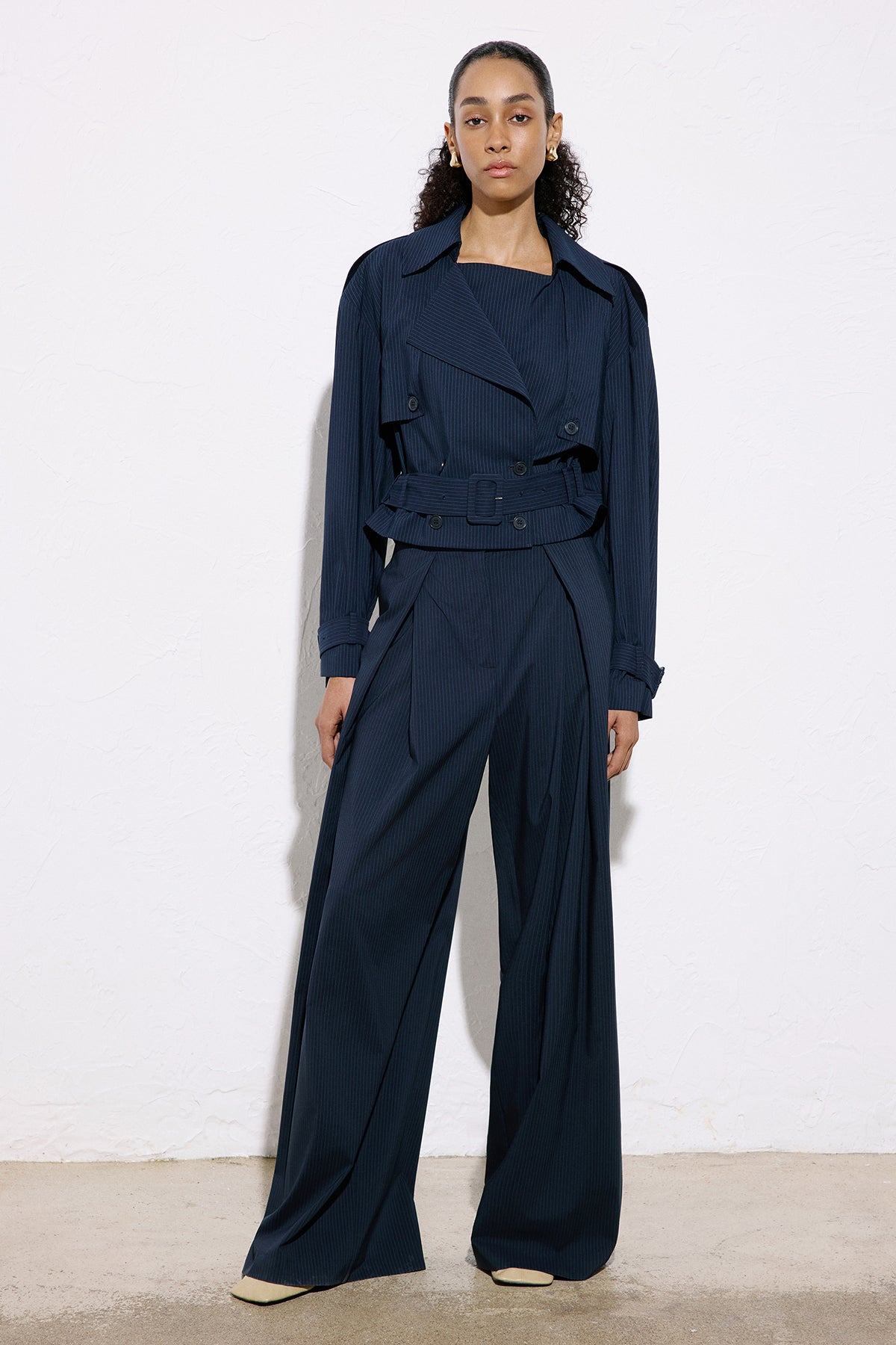 Striped Belt Detailed Blue Crop Trench Coat