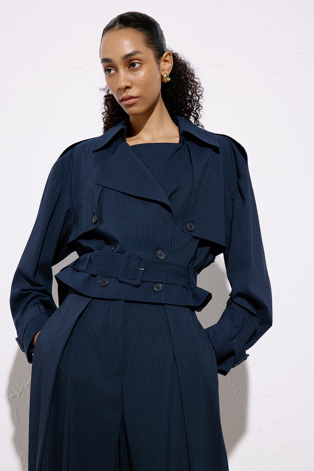 Striped Belt Detailed Blue Crop Trench Coat