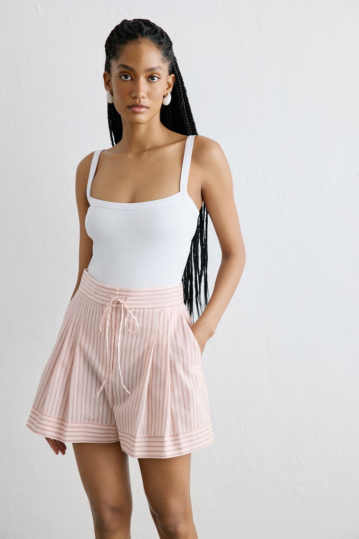 Striped Pleated Wide Leg Powder Shorts