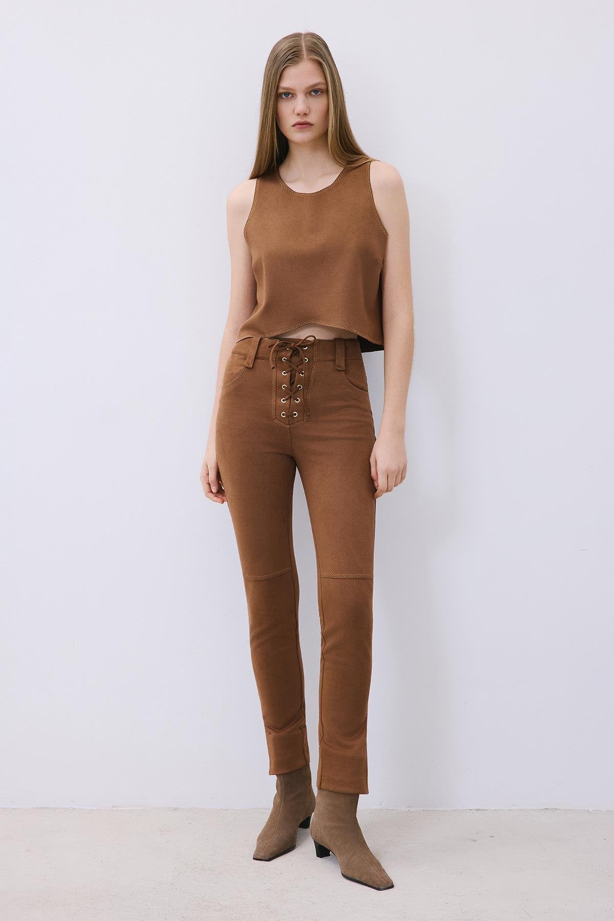 Suede Crop Blouse with Contrast Stitch