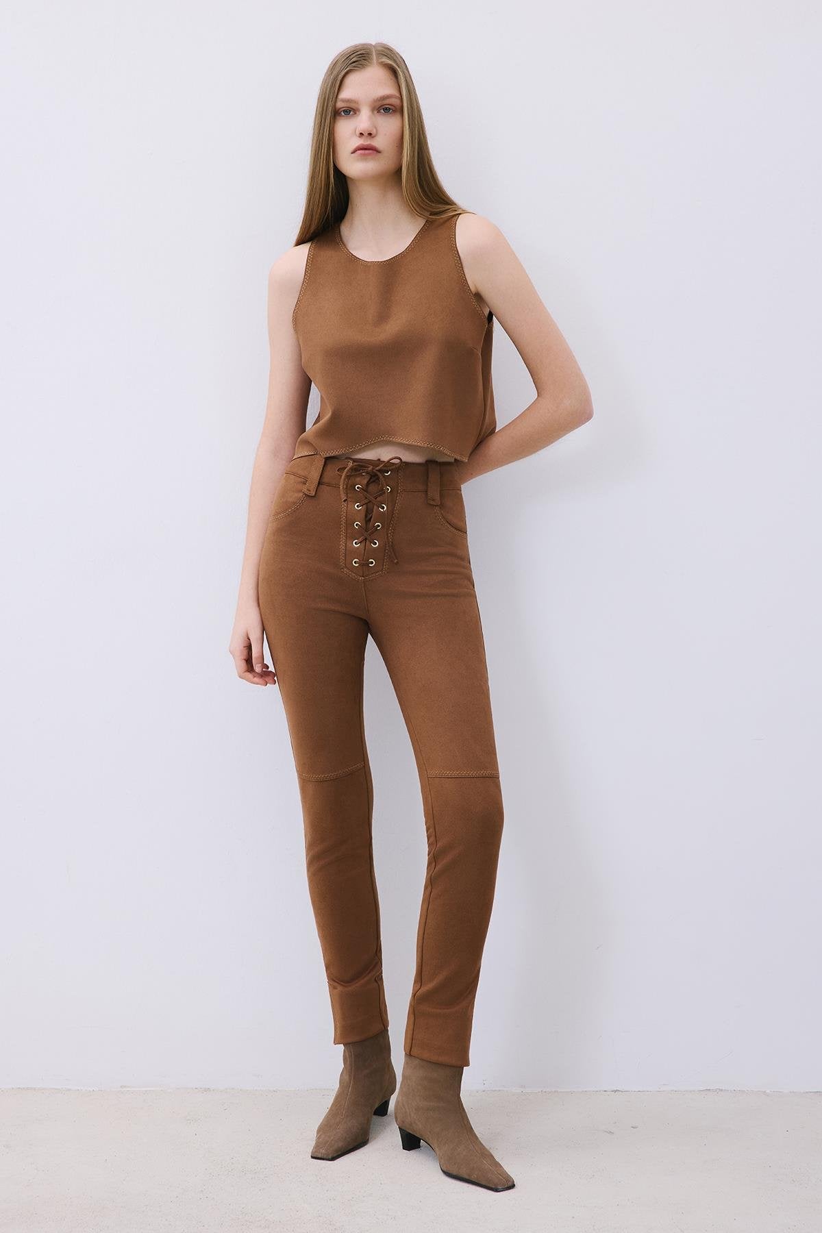 Suede Crop Blouse with Contrast Stitch