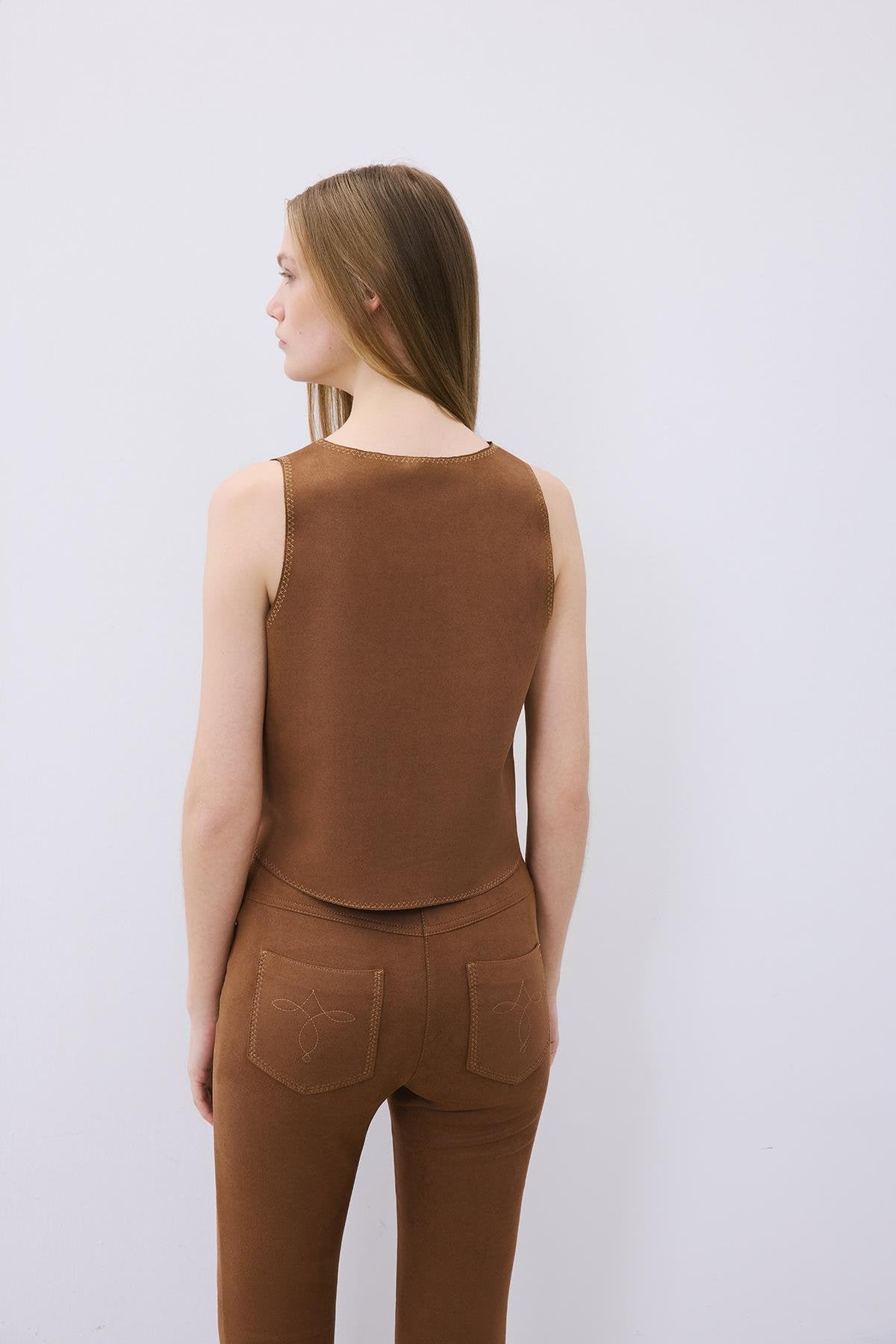 Suede Crop Blouse with Contrast Stitch