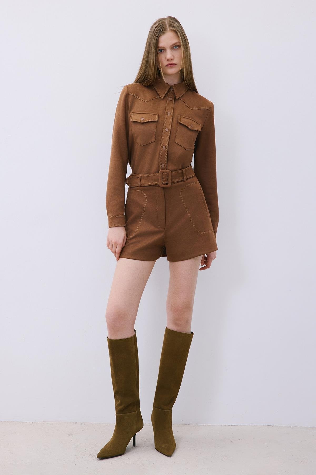 Suede Shorts with Contrast Stitch