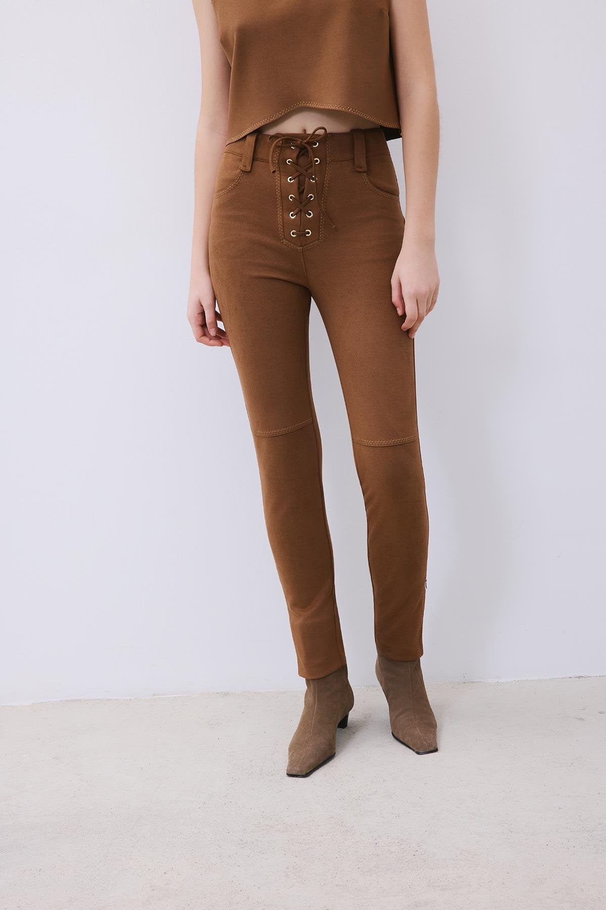 Suede Slim Fit Pants with Stitch Details