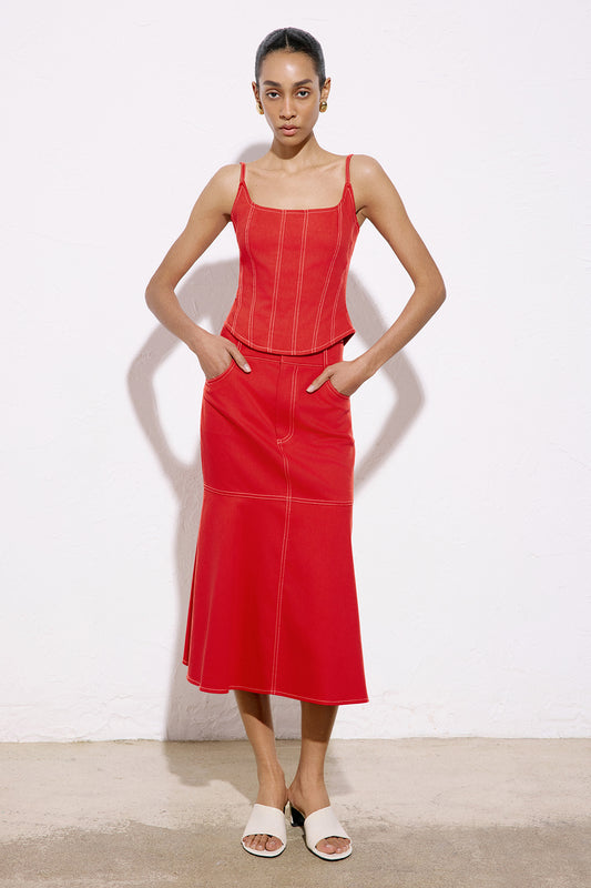 Thin Strap Denim Textured Coral Blouse