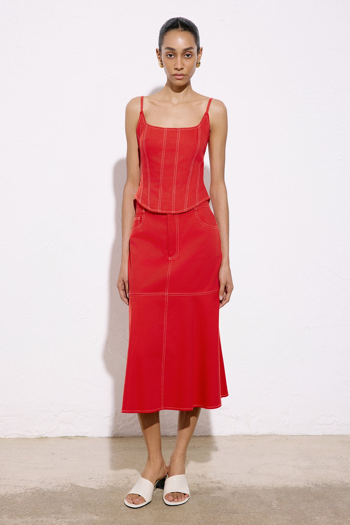 Thin Strap Denim Textured Coral Blouse