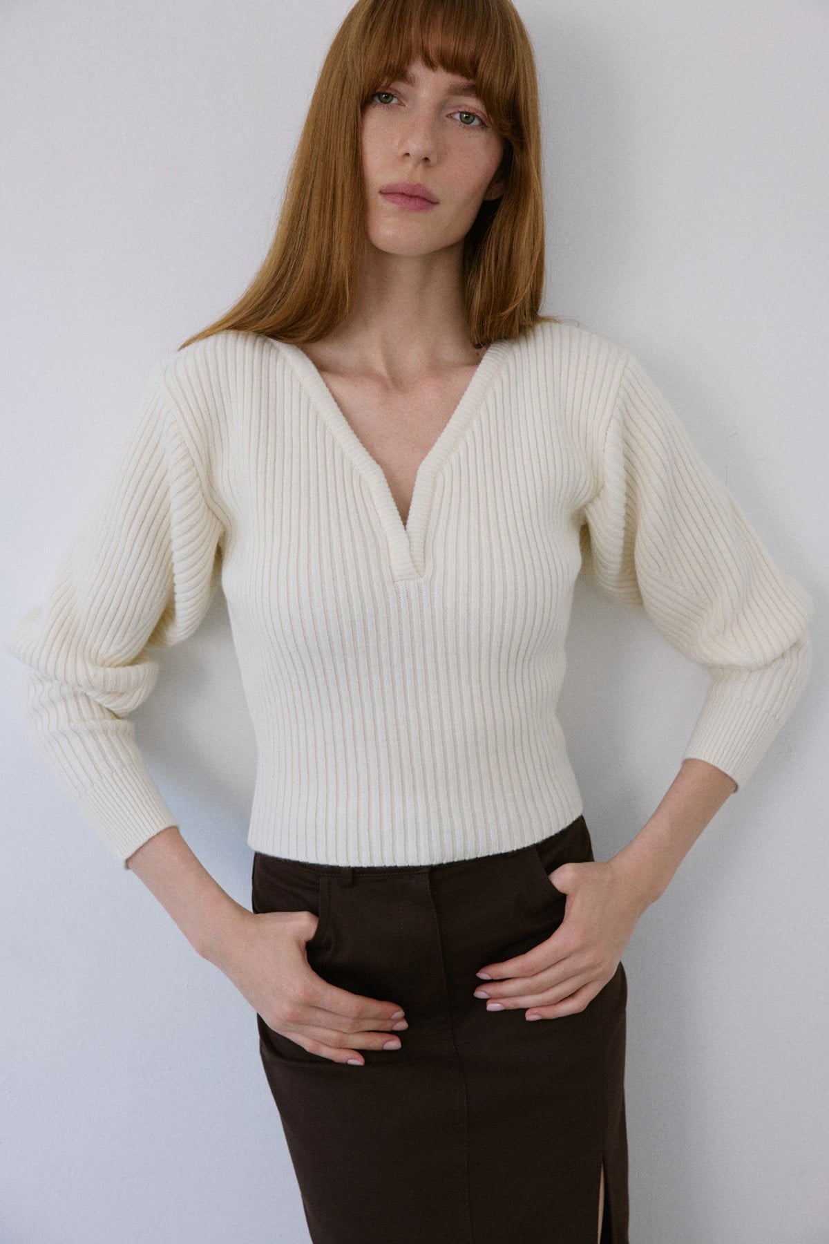 V Neck Ribbed Knit Sweater