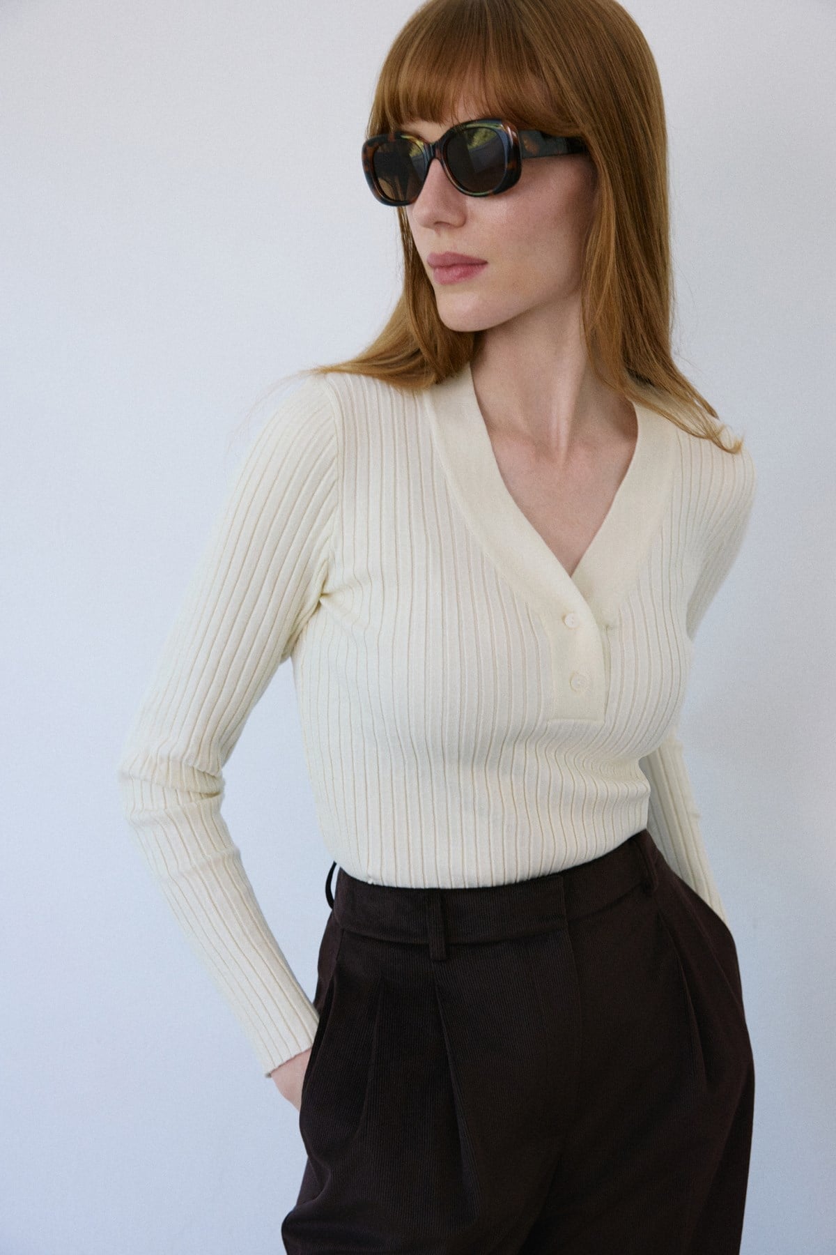 V Neck Ribbed Knit Sweater