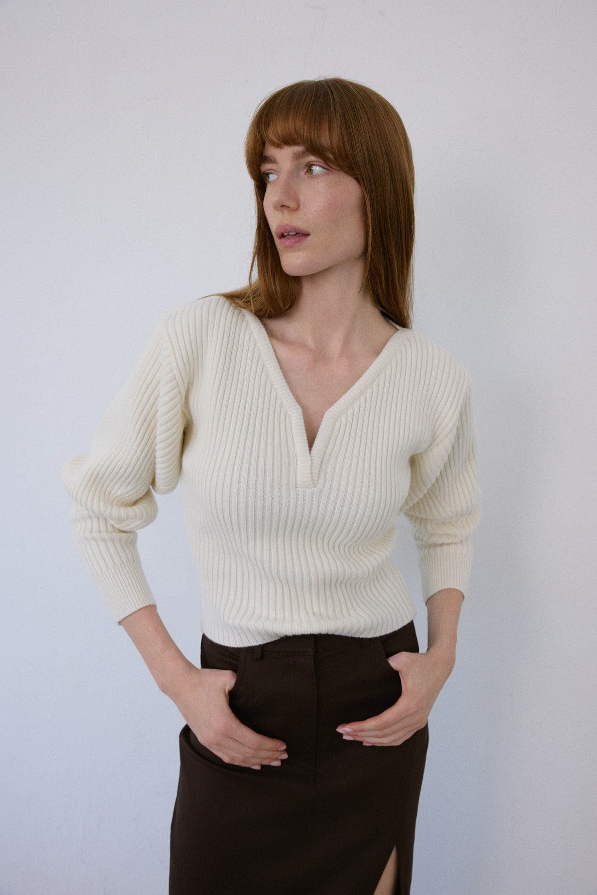 V Neck Ribbed Knit Sweater