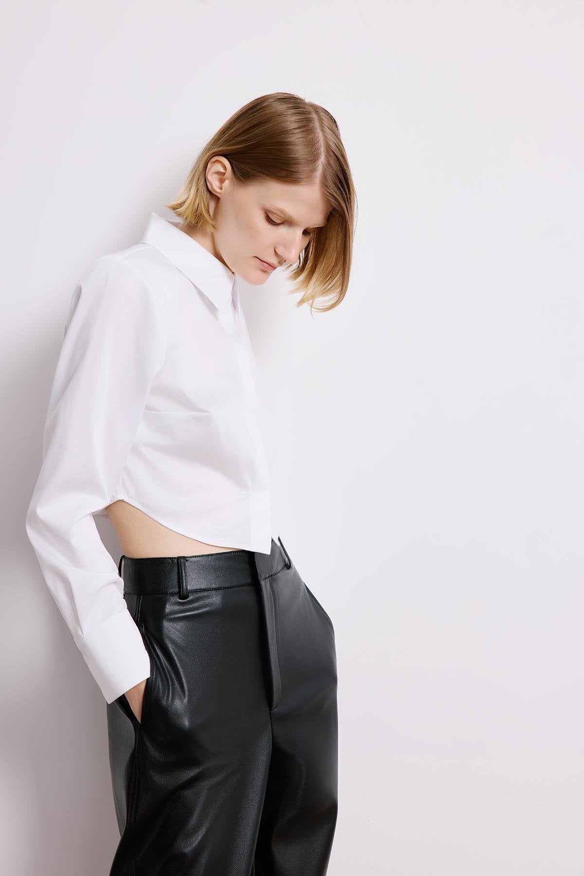 White Poplin Long Sleeve Shirt With Shoulder Pads