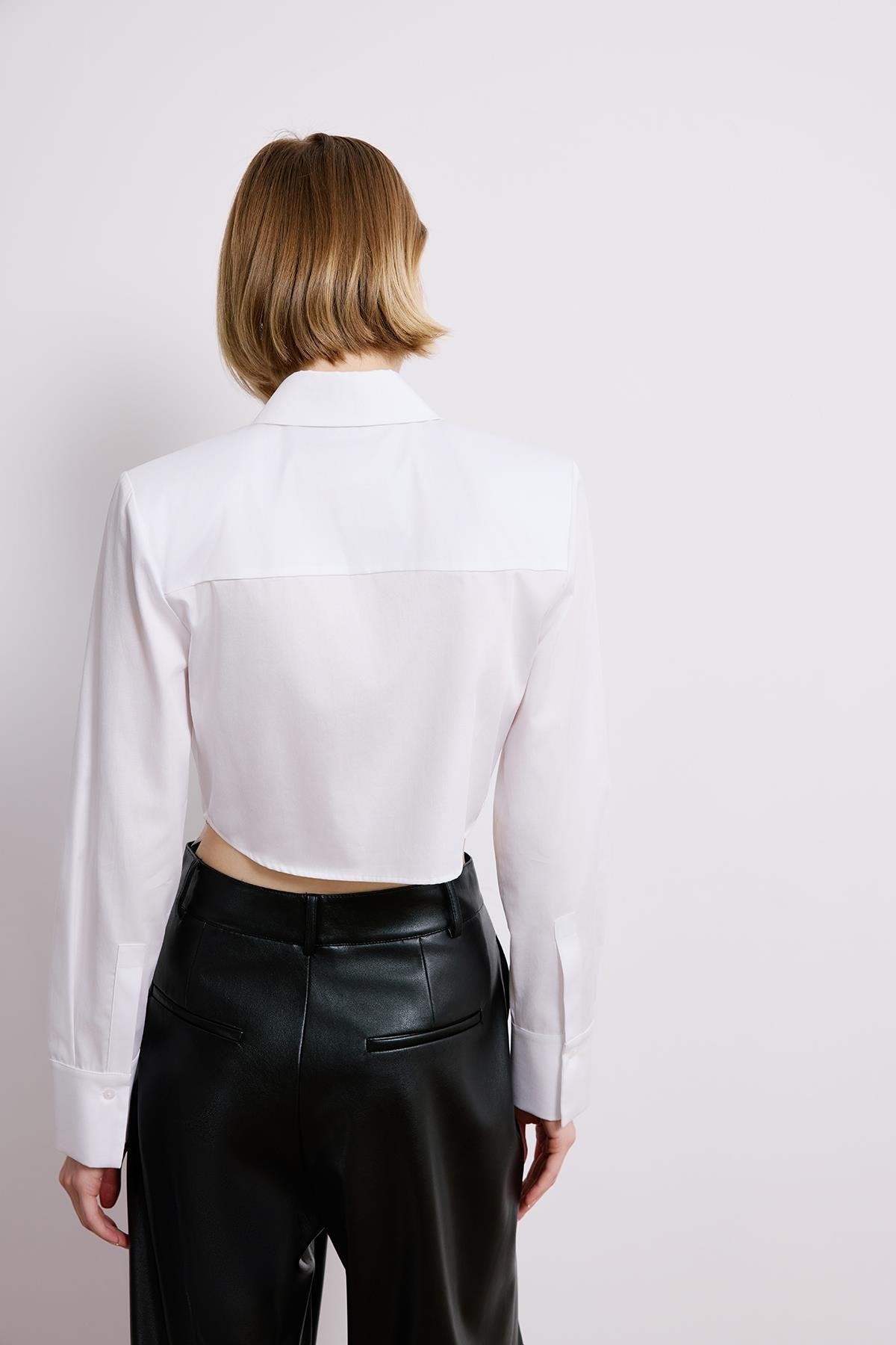 White Poplin Long Sleeve Shirt With Shoulder Pads